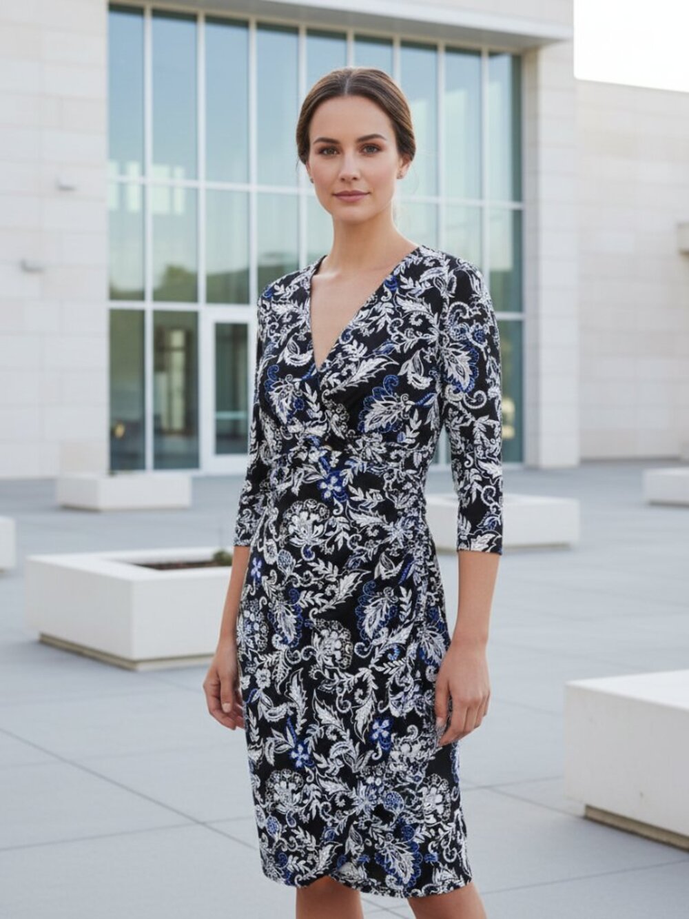 WHBM Dress S Black Blue White Floral Cottage Coastal Surplice Office Siren